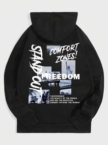 K-GLORY 男士连帽衫，新款秋冬街头风自由女神像及建筑图案拼接英文标语印花抓绒连帽卫衣 - 黑色 - 查看 4