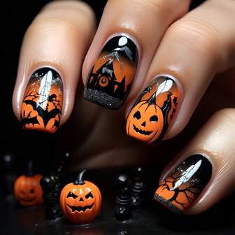 Zestaw 24 szt. średnich, migdałowych, dociskanych sztucznych paznokci w stylu punkowym na Halloween z ciemnozielonymi gradientami, z uroczymi gwiazdkami, księżycami, czarnymi kotami i duchami, a także pomarańczowymi gradientami w stylu Y2K i strasznymi dyniami. Zestaw do pełnego krycia sztucznych paznokci dla kobiet i dziewcząt. Zawiera 1 arkusz samoprzylepnych zakładek i 1 mini pilnik w formie paska żelowego. Losowa wysyłka.