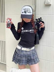 秋冬新款女士小码修身字母印花休闲圆领长袖T恤 - 黑色 - 查看 3