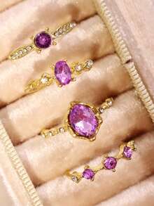 4pcs/Set Fashionable Exquisite Luxury High-End Unique Design Versatile Purple Rhinestone Gold Alloy Rings, Suitable As Gifts For Girlfriend, Wedding, Engagement - Multicolor - View 4
