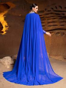 Faeriesty Váy dạ hội cổ giả đính hạt sang trọng với hạt pha lê xếp tầng và áo choàng vải tuyn mỏng manh cho vẻ quyến rũ, dạ hội thảm đỏ và tiệc cao cấp - Xanh đậm - Xem 2