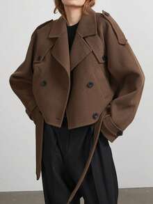 Nuova giacca corta elegante e alla moda di colore unito con tasche e doppia fibbia in vita, adatta per scuola, ufficio, uso quotidiano, viaggi - Castano - Visualizzare 4
