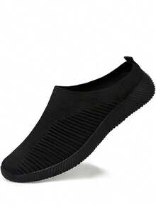 女式黑色透气针织休闲平底一脚蹬鞋，轻便舒适 - 黑色 - 查看 13