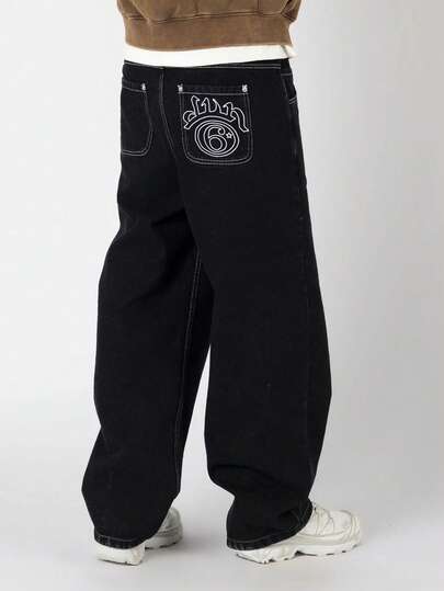 Men's Casual Distressed Wide Leg Baggy Jeans Summer Jeans Hip-Hop Style, Street Style, Rap Style, Embroidery Elements Men Jean Cargo, Grunge