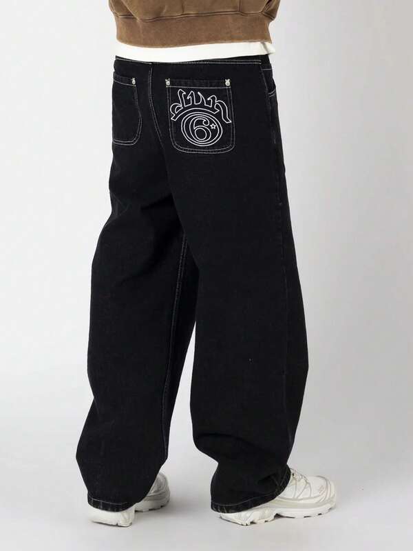 Jeans anchos y holgados de estilo casual y desgastado para hombre, jeans de verano con estilo hip-hop, estilo callejero, estilo rap, con elementos bordados, cargo, grunge