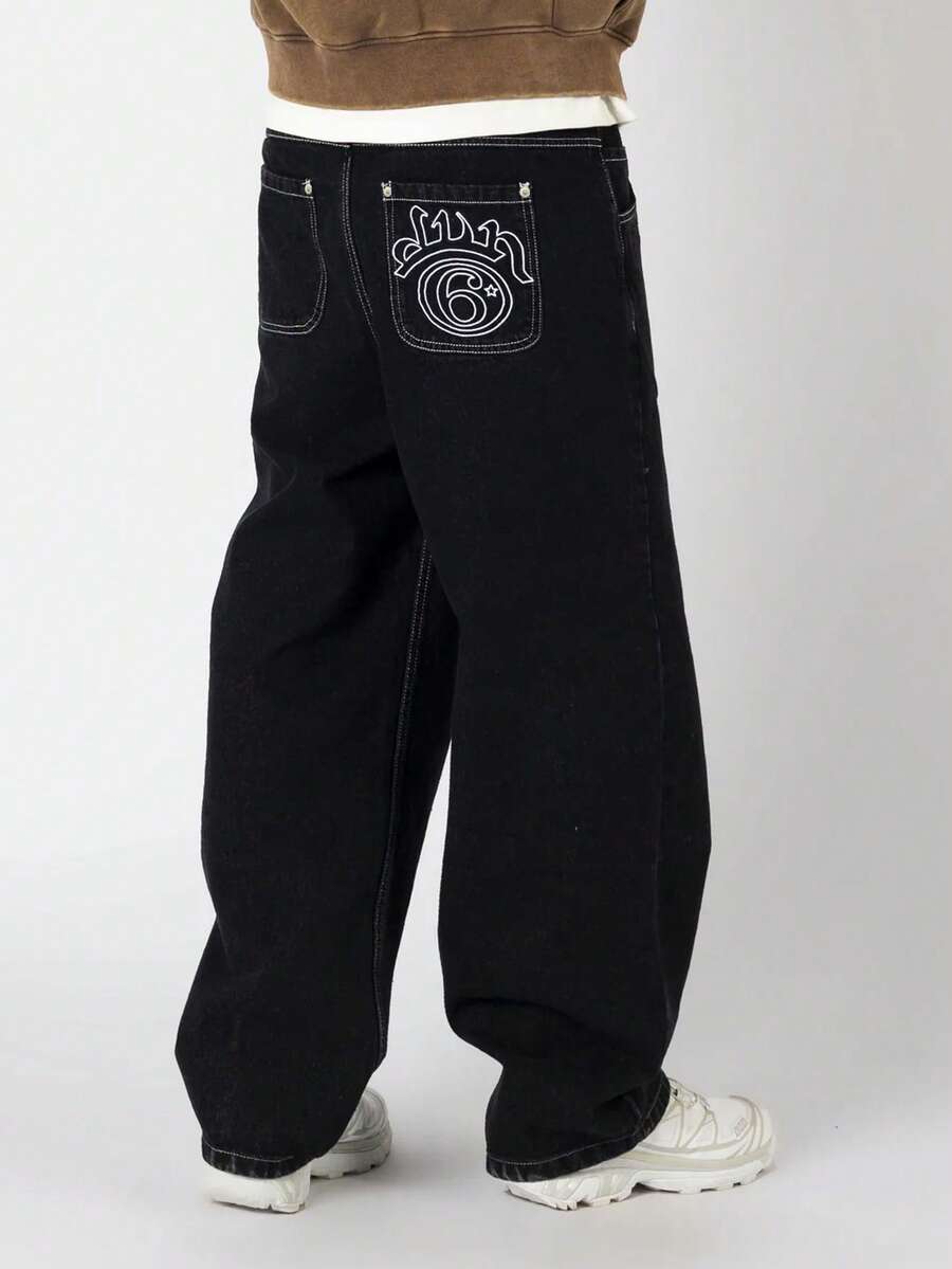 Men's Casual Distressed Wide Leg Baggy Jeans Summer Jeans Hip-Hop Style, Street Style, Rap Style, Embroidery Elements Men Jean Cargo, Grunge - Black - View 1