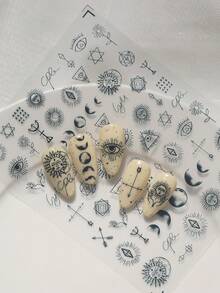 Pegatinas de uñas de alta gama con tecnología láser de relieve, en estilo gótico punk, con varios tótems de estrellas y lunas, estrellas de cuatro puntas, patrones de ojos y otros patrones de textura, adecuadas para uso personal DIY y para maestros de manicura. Suministros para uñas, pegatinas para uñas - Negro - Ver 10