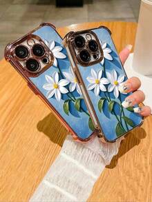 Daisy Flower Pattern Shockproof Phone Case With Blue Background Cute Aesthetic Protective Cover Fashion Design Non Slip Drop Resistant Slim Fit Lightweight Compatible With IPhone 16Promax 16 15 14 13 12 11 X XS XSMAX Plus Pro S25Ultra S25 S24 S23 S22  Plus FE Case - Blue - View 5