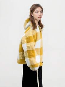 Winter Plus Size Green Plaid Fleece Jacket Winter Women Clothes Valentine's Day Holiday Outfit Fall Autumn - 黃色 - 查看 2