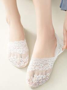 5 Pairs Women's Lace Invisible Socks Summer Thin Low Cut Boat Socks Silicone Non-Slip No-Show Socks (Without Cardboard)