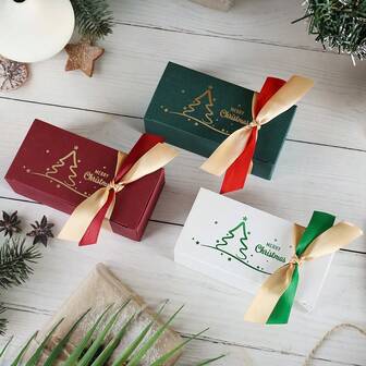 5/20pcs Merry Christmas Candy Box Christmas Tree Treat Boxes With Colored Ribbons Cardboard Paper Goody Boxes Packaging For Party Favors Decor