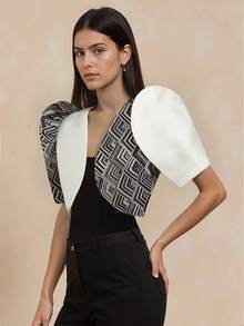 Amyenjoylife Modern Filipino Style Summer Women's Elegant Fashionable Personality Patchwork Puff Sleeve Cardigan Shawl Top, White Blouse - White - View 5