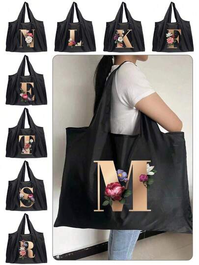 Shopping Bag Tote Bags Folding Pouch Name Initials Pattern Handbags Picnic Bag Reusable Storage Bag Grocery Handbags Large-Capacity For Travel Grocery Bag Tote Bag Initials Lettern Printing Beach Bag Shoulder Bags