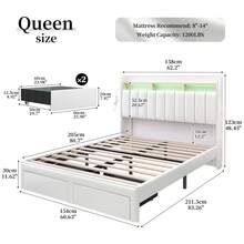 SIBEDS Queen LED Bed Frame With 2 Drawers, Modern Platform Twin Beds With 2 Tier Upholstered Storage Wingback Headboard, Channel Tufted Queen Size Bedframe With Rivet Decor, Full Storage Bed, No Box Spring Needed, PU Leather Black White, Linen Dark Grey - PU Trắng - Xem 11
