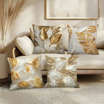 Capas de almofada 2D, 4 peças, estilo glam, com estampa de folhas douradas e brancas - 17,7 x 17,7 polegadas, estampa de um lado, 100% poliéster, com fecho de zíper, lavável à máquina, decorativa para sala de estar, quarto e casa (sem fronhas incluídas)