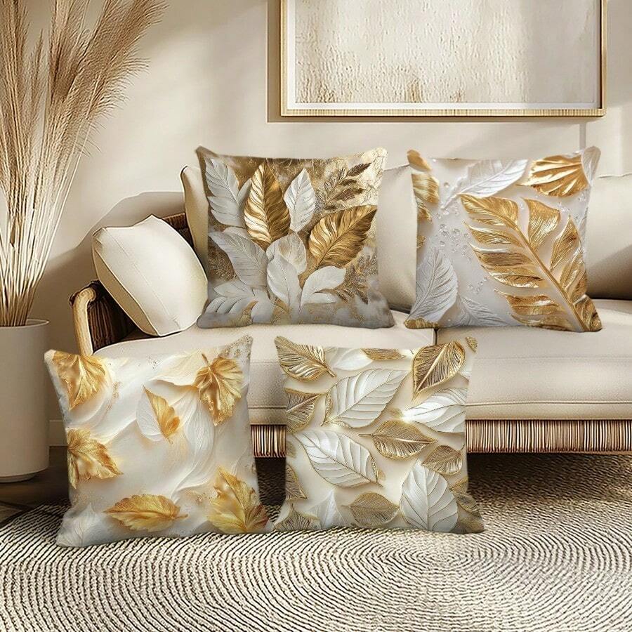 2D，4 件华丽风格金色和白色叶子印花抱枕套 - 17.7*17.7 英寸，单面印花，100% 涤纶靠垫套，拉链开合，可机洗，适合客厅、卧室和家居装饰（不含枕芯） - 彩色 - 查看 1