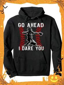 Baseball Catcher Go Ahead I Dare You Pullover Hoodie For Teens, Crew Neck Sweatshirt, Ultra Soft, Breathable, Casual Loose Y Long Sleeve Hooded Sweats,Fall Hoodies,Men's Fall Clothes,Street Wear,Halloween,Mens Hoodies,Y2k Clothes,Jesus Hoodie,Thanksgiving Day,Nightmare Before Christmas,Christmas - 黑色 - 查看 1
