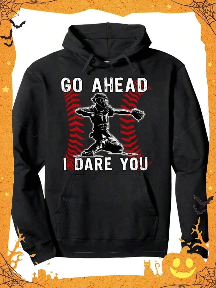 Baseball Catcher Go Ahead I Dare You Pullover Hoodie For Teens, Crew Neck Sweatshirt, Ultra Soft, Breathable, Casual Loose Y Long Sleeve Hooded Sweats,Fall Hoodies,Men's Fall Clothes,Street Wear,Halloween,Mens Hoodies,Y2k Clothes,Jesus Hoodie,Thanksgiving Day,Nightmare Before Christmas,Christmas - 黑色 - 查看 1