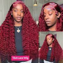 99J Burgundy 13x6 HD Lace Frontal Wig 100% Human Hair Water Curly Red Colored 13x6 Transparent Lace Lace Frontal Wigs 99J Burgundy Lace Front Wigs Black Glueless Wigs Human Hair - S99J - 查看 5