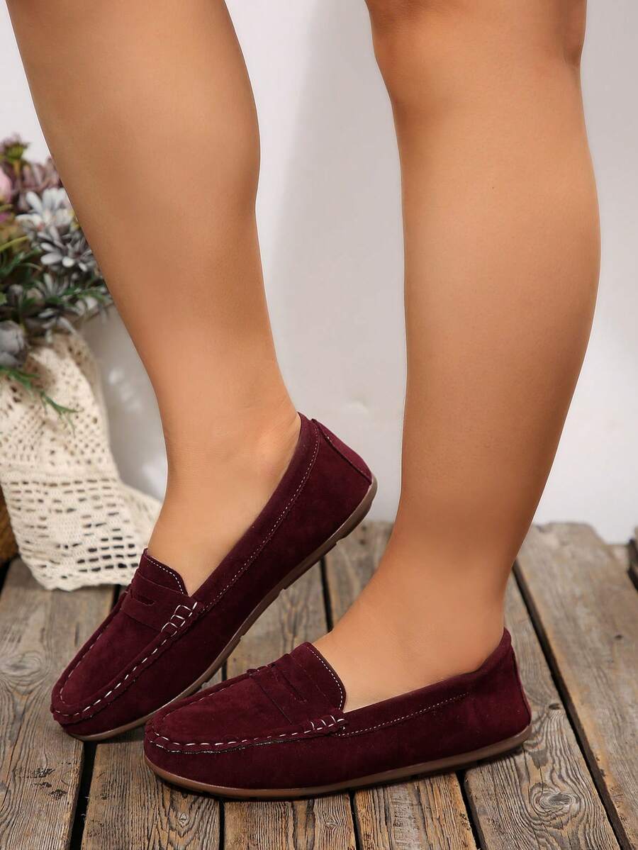 Women's Wide Width Flat Loafers, Burgundy, Handmade Stitching, Fashion & Comfortable, Lightweight, Suitable For Home, Outdoor, Travel, Vacation, Casual - Burgundy - View 1