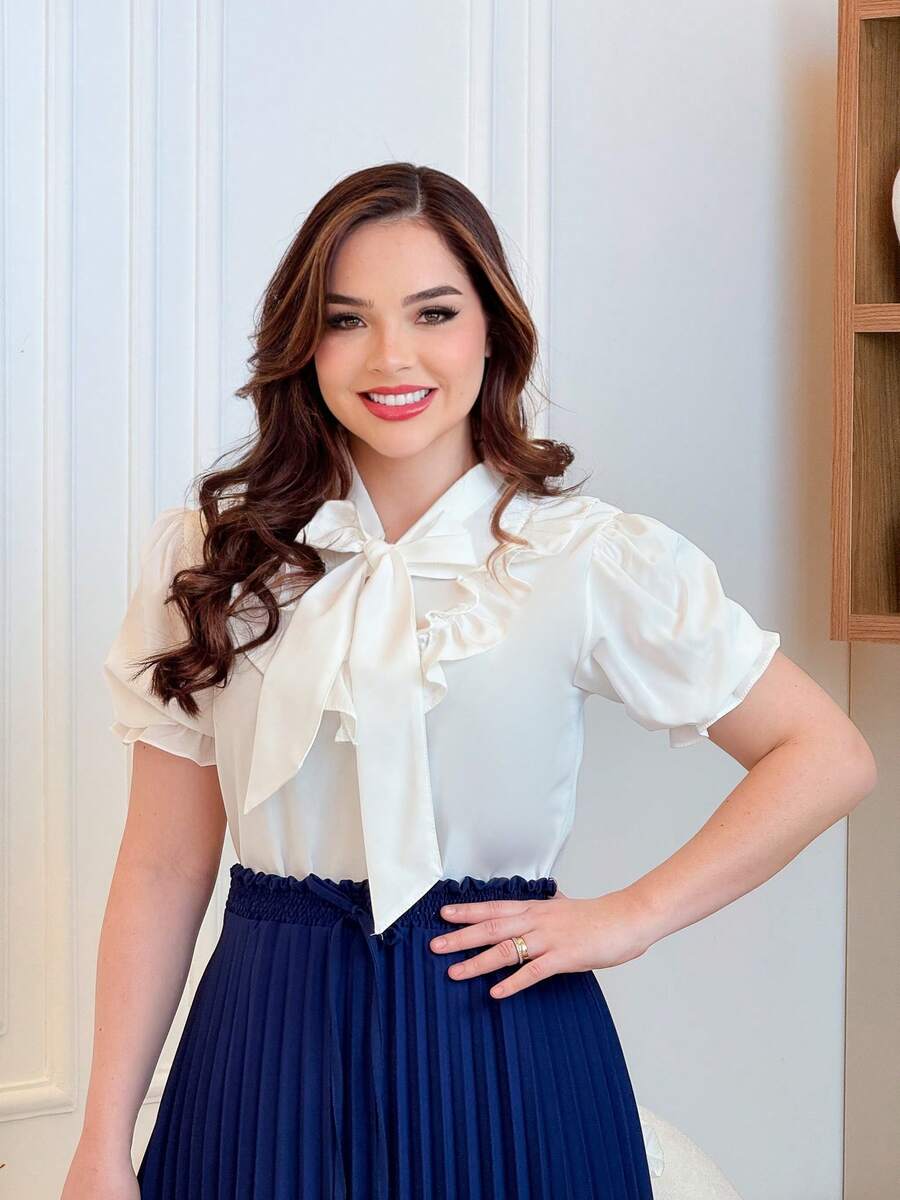 SHORT SLEEVE PUFFED DRESS TOP WITH RUFFLE AND BOW, WOMEN'S FASHION - White - View 1