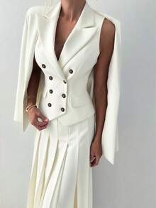 3 PiecesWomen's Elegant Business Casual Suit: Autumn/Winter Blazer, Spring/Summer Fitted Vest, And Mid-Length Pleated Skirt, Suitable For Office, Formal Occasions, And Commuting - White - View 4