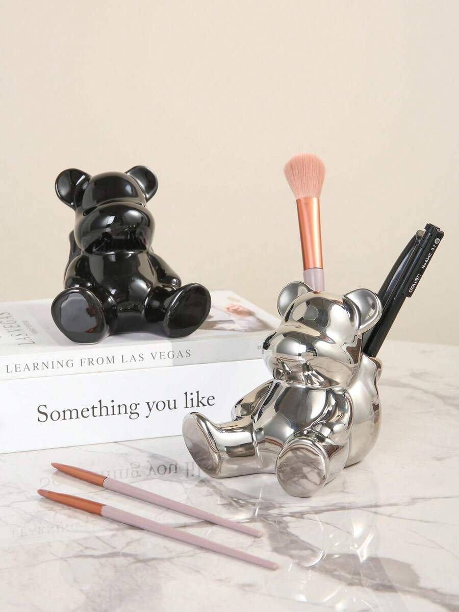 1 Peça Suporte para Escova de Dentes e Organizador de Maquiagem em Formato de Urso Cerâmico, Acessório de Banheiro Útil