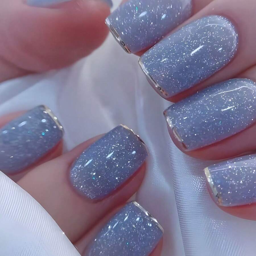 Best-Seller Starry Sparkling Light Blue Press On Nails |   Atmospheric French-Style, Minimalist, 24-Piece Set