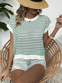 Knit Mix ملابس علوية نسائي أنيق محبوك بأكمام بلا أكمام، ألوان متناسقة، رقبة دائرية، دانتيل، فضفاض، مناسب للعطلات الربيعية والصيفية، ملابس نسائية مناسبة للعيد والشتاء والعودة للمدرسة