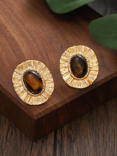 Cring Coco Khaki Melad Color Elegant Retro Women's Earrings - With A Large Khaki Cat Eye Stone Embellished In The Middle, Designed As A Fashionable Queen Series Daily Versatile Item Suitable For High-End Banquets And Parties, A Unique Gift