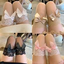 1 Pair Of Lace-Trimmed Bow Socks, Suitable For Spring And Summer Over-The-Knee Socks.