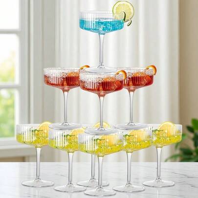 12/6/3 Pcs Acrylic Martini Glasses, 10oz Shatterproof Plastic Champagne Tower, Unbreakable Ribbed Coupe Glasses, Stem Cocktail Glassware Set, Manhattan Goblet For Wedding Birthday Party Bar