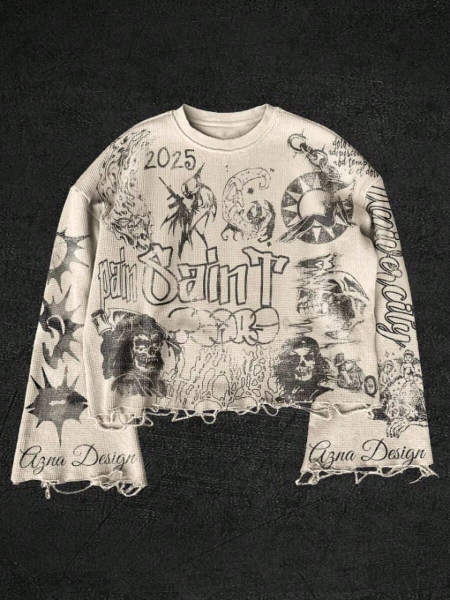 Street Digital Print Sweater Gothic Hip Hop Harajuku Vintage Women's Casual T-Shirt Knitted - 白色 - 查看 1