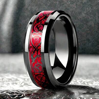 8mm Black 316L Stainless Steel Men's And Women's Ring, Red Carbon Fiber Celtic Dragon Inlaid Engagement Ring, Beveled Polished, Comfortable Fit, Gift For Him And Her