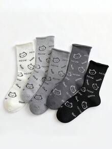 5 Pairs Women's Cartoon Animal & Letter Pattern Comfortable Rolled Cuff Crew Socks, Breathable Mid-Calf Socks - Multicolor - View 15