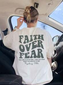 180g Faith Over Fear Christian Graphic-Shirt |   Women's Casual Vacation Bible Verse Tee |   Summer Round Neck Short Sleeve Top Summer-Shirt Women Casual Loose Top Letter Print Tee - 白色 - 查看 6