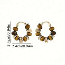 Pair Of Vintage Elegant Tiger'S Eye Beaded Hoop Earrings For Women - Golden-Tone Leaf Accents, Ideal For Parties, Weddings, Birthdays, And Casual Attire - màu nâu - Xem 5