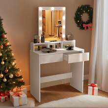 Dressing Table With Led Lights Mirror Adjustable Brightness, Vanity Makeup Table With 2 Drawers - White - View 5