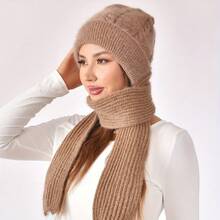 1pc Solid Color Knitted Hat And Scarf Set, Thermal Lined For Autumn/Winter, Thicker And Warmer