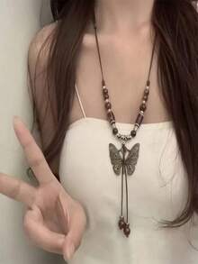 1pc Women's Bohemian Style Vintage Butterfly Pendant Multi-Layer Adjustable Handmade Beaded Necklace