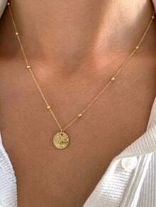 1pc 18k Gold Plating Stainless Steel Necklace With Hammered Round Pendant Necklace Minimalist Engraved Bumpy Round Coin Pendant Necklace Beaded Chain Necklace For Women - Necklace - View 9