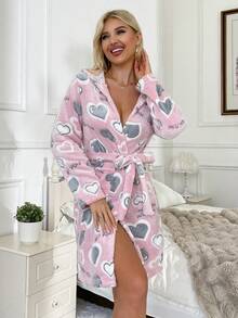 Nuevo Albornoz de mujer con capucha y estampado de corazón para otoño/invierno - Rosa - Ver 4