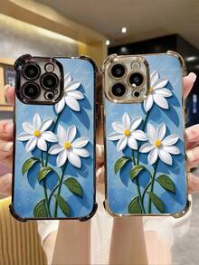 Daisy Flower Pattern Shockproof Phone Case With Blue Background Cute Aesthetic Protective Cover Fashion Design Non Slip Drop Resistant Slim Fit Lightweight Compatible With IPhone 16Promax 16 15 14 13 12 11 X XS XSMAX Plus Pro S25Ultra S25 S24 S23 S22  Plus FE Case - Blue - View 4