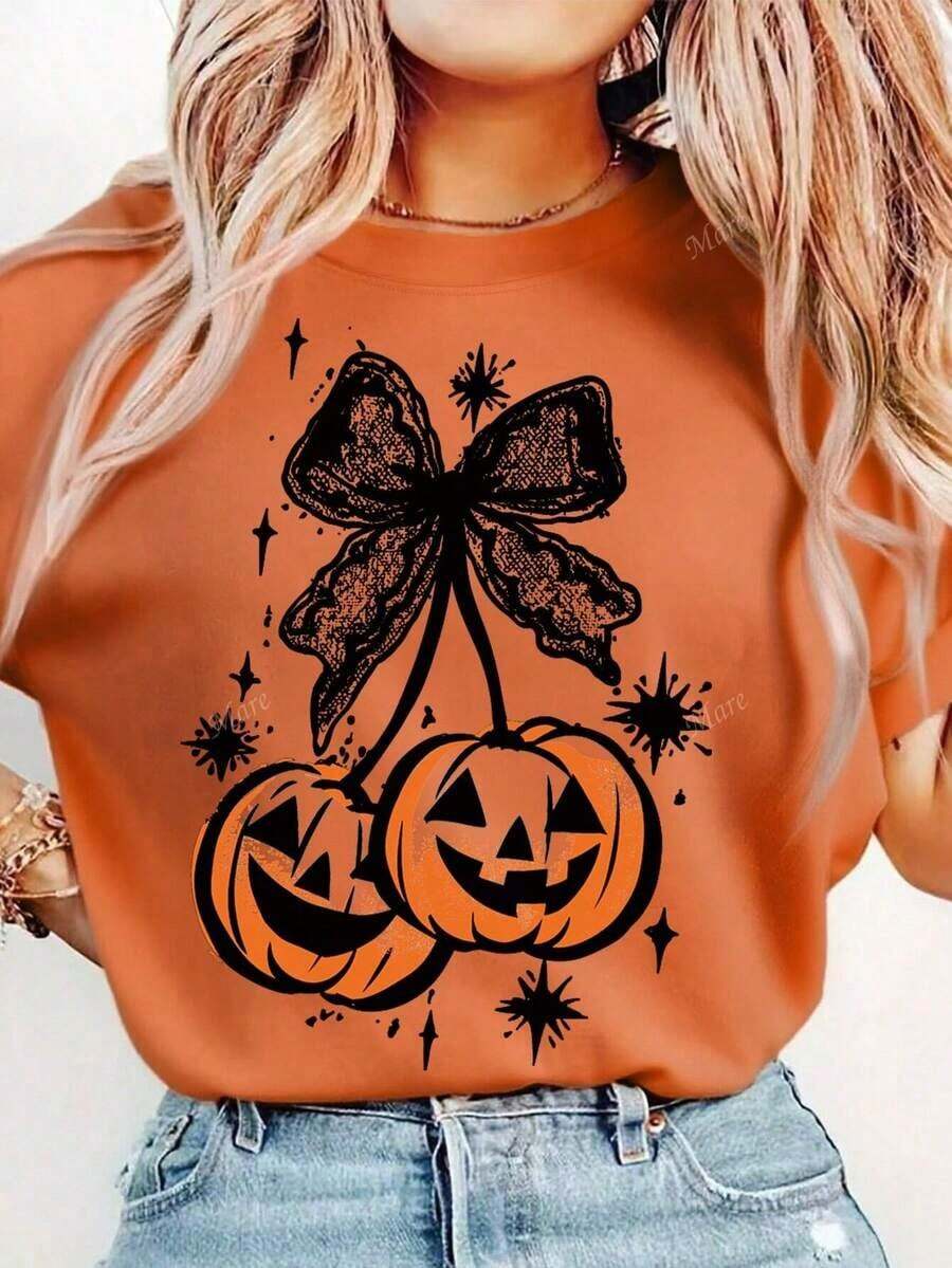 Halloween Nightmare Before Christmas Casual Pumpkin & Bow Lace Print Round Neck Short Sleeve T-Shirt For WomenCómodo Y Transpirable - 橘色 - 查看 1