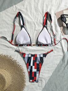 Damskie bikini z odkrytymi plecami i ramiączkami typu spaghetti, o wysokiej elastyczności, z geometrycznym nadrukiem i perłowymi zdobieniami, na co dzień, seksowne, plażowe, wakacyjne, letnie - Wielokolorowe - Zobacz 4