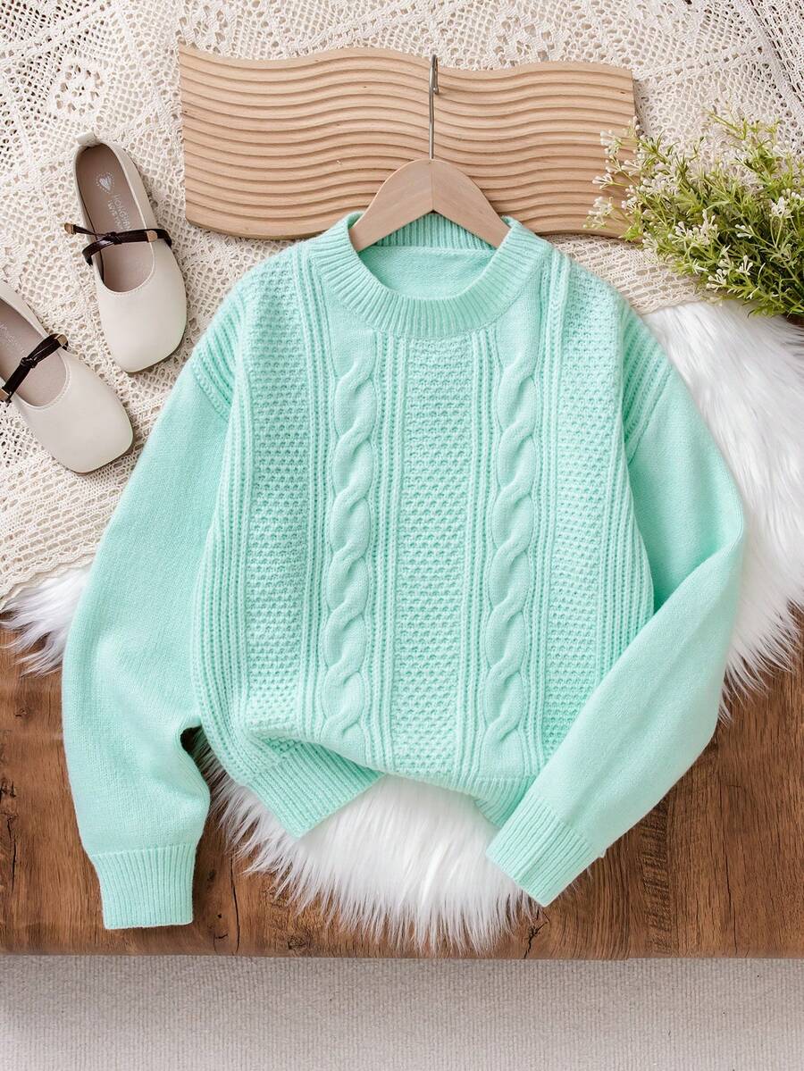 Girls' Casual Solid Color Pullover Knit Sweater, Warm For Autumn/Winter - Mint Green - View 1