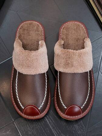 Luxury Retro Plus Size Men's Slippers, Faux Leather Fluffy Fur Lined Oversized Winter House Slippers