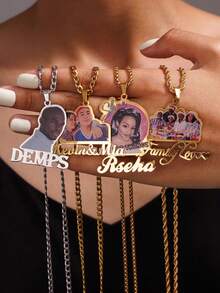 1pc Personalized Photo Engagement + Text Necklace, Customizable Engraved Photo, 18k Gold Portrait Pendant, Personalized Family/Pet Jewelry, Perfect Gift, Comes With Elegant Gift Box, Suitable For Daily Wear And Valentine's Day ,Spring Fashion 2026 - Color Printing-gold - View 3