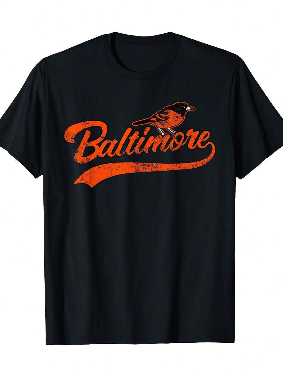 Men's Vintage Baseball Graphic T-Shirt - 100% Cotton 220 GSM - Black With Orange Baltimore Oriole Bird & Script Design - Casual Round Neck Tee - Machine Washable - All-Season Comfort Fit - màu đen - Xem 1
