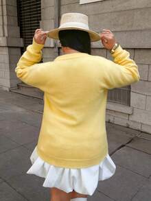 Plus Size Fall And Winter Plus Size Fashion Casual Holiday Elegant Cream Yellow Small Round Neck Design Long Sleeve Cardigan Sweater Women's Brunch Outfits For Women Fall Women Clothes Sweater